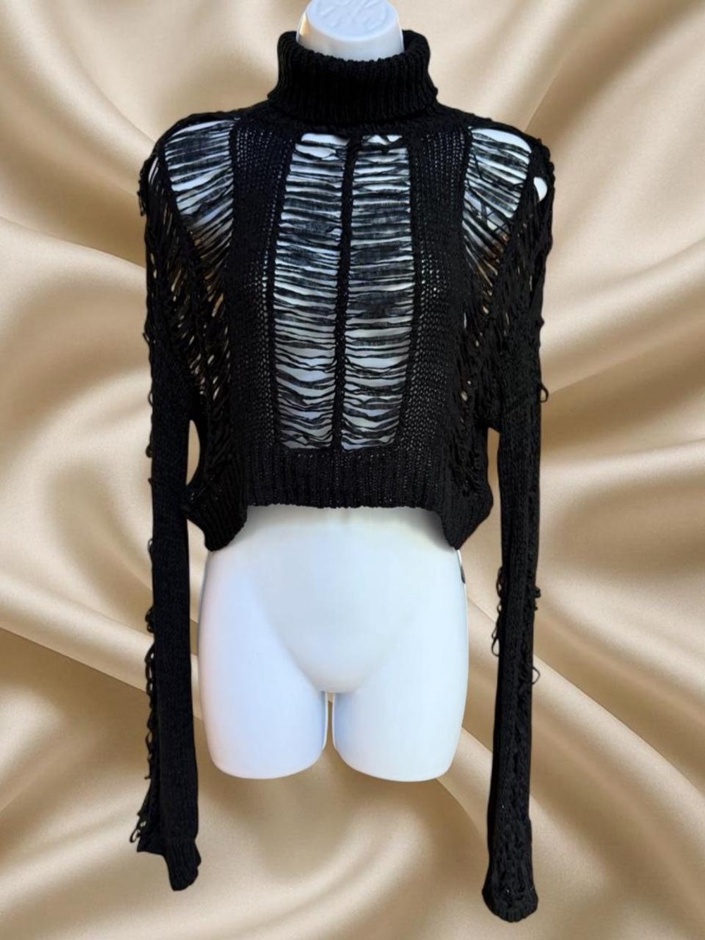 Black Distressed Cropped Turtleneck Sweater - Women